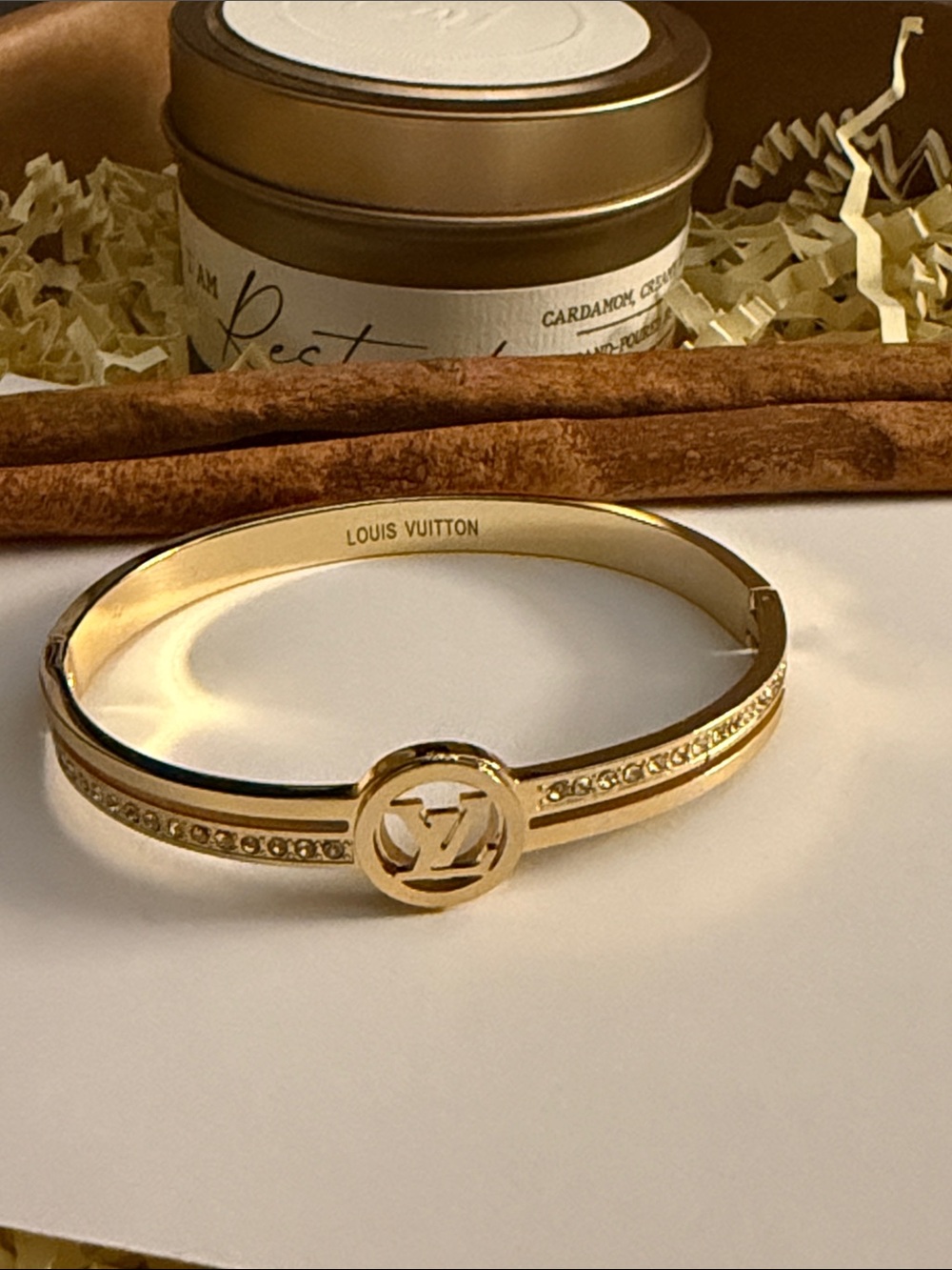 Fashion Jewelry Gold Crystal-Accent Monogram Bangle Bracelet - Picture 2 of 8